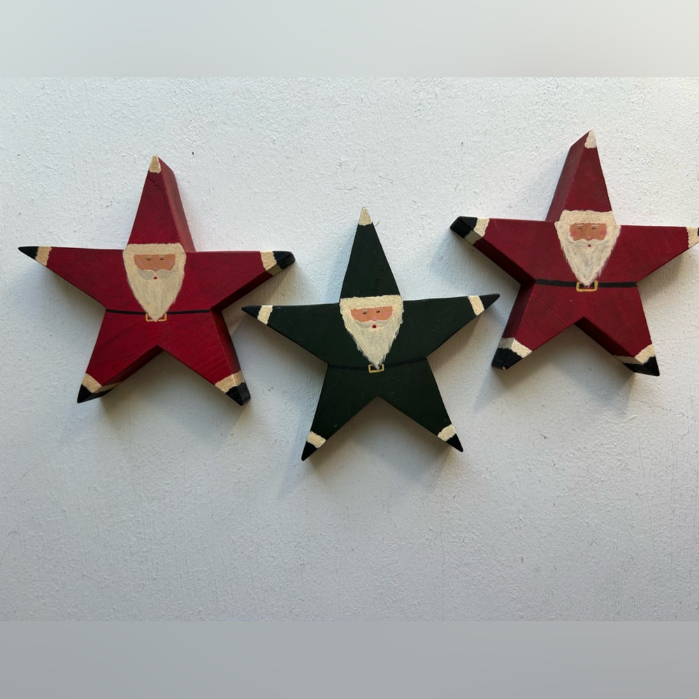 Vintage Santa Star Ornaments Decor Red Green Handpainted Lot/Three Cottagecore